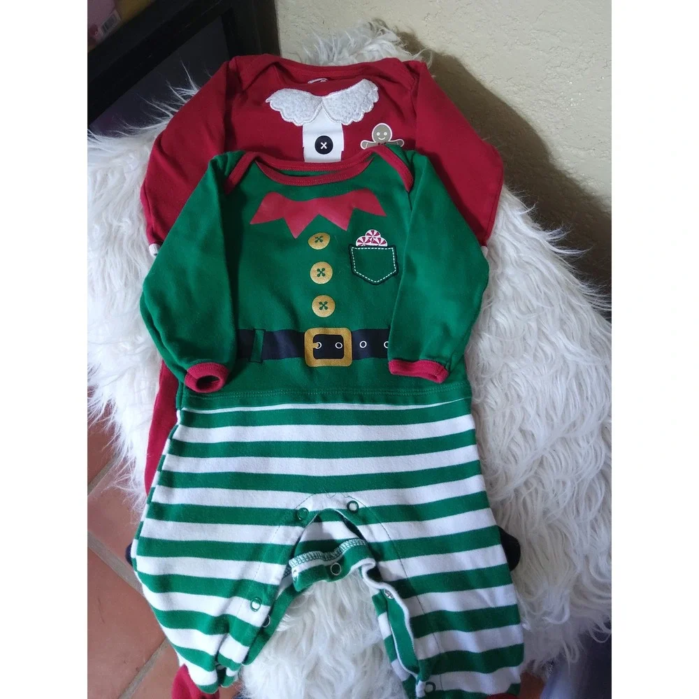 Holiday Time Baby Santa and Elf Footed Sleepers 2 Pack Red Green 6-9M